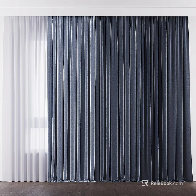 Navy Blue Curtains With White Sheer Panels For Modern Living Room Window Decoration 3d model 