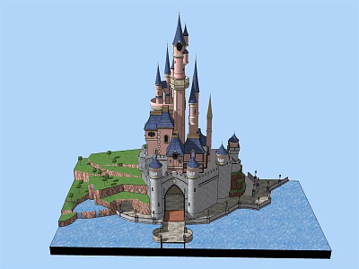 Ancient Castle Architecture With Multiple Spires Blue Roofs And Surrounding Water 3d model