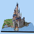 Ancient Castle Architecture With Multiple Spires Blue Roofs And Surrounding Water
