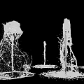 Transparent Water Droplet Composed Architectural Structures With Sculptural Fountain Forms Against Black Background