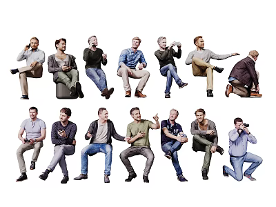Men in Various Sitting Standing and Kneeling Poses on White Background 3d model