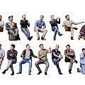 Men in Various Sitting Standing and Kneeling Poses on White Background