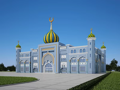 Traditional Islamic Religious Mosque Exterior With Green Yellow Domes And Crescent On Blue Sky 3d model