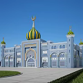 Traditional Islamic Religious Mosque Exterior With Green Yellow Domes And Crescent On Blue Sky