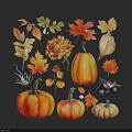 Autumn Watercolor Art Collection With Pumpkins Maple Leaves And Chrysanthemums