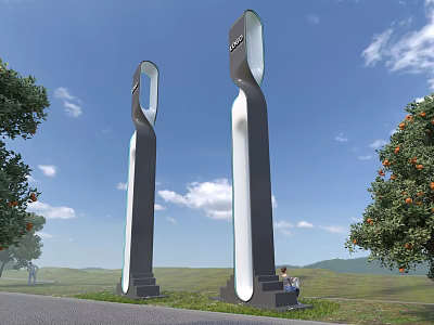 Modern Wayfinding Signage Tall Pillar Design In Outdoor Park With Green Trees Blue Sky 3d model