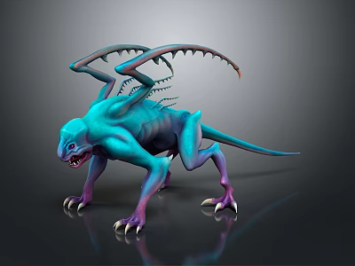 3D Rendered Fantasy Creature With Blue Purple Body Wings And Sharp Claws 3d model