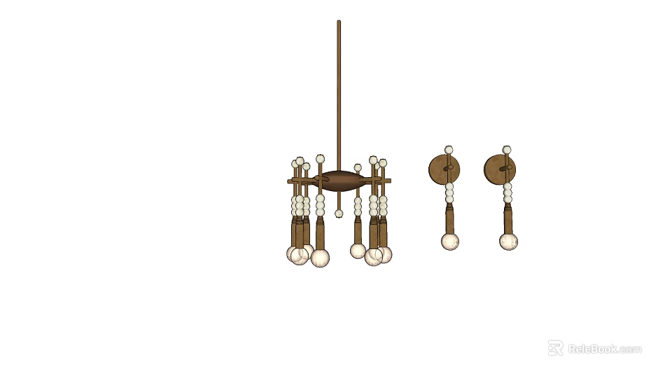 Vintage Brass Lighting Fixture Set With Chandelier And Wall Sconces 3d model 