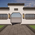 Chinese Style Scenic Wall With Arched Doorway Lattice Windows And Sunset Lake View