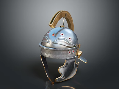 Ancient Weapon Helmet for Warriors with Silver Metal Gold Accents and Red Dots 3d model
