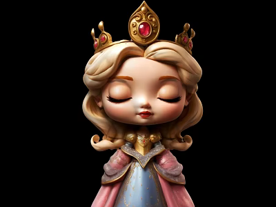 Princess Themed Decorative Figurine Set With Crown Red Gemstone Golden Hair And Blue Pink Outfit 3d model