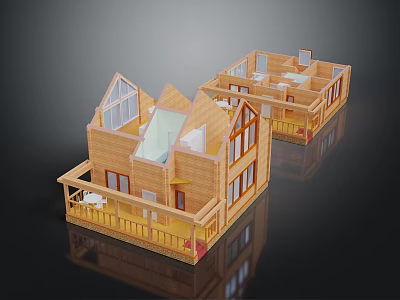 Log Cabin 3D Model Design With Two Story Structure Balcony Windows And Interior Layout 3d model