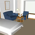Hotel Room Interior With Comfortable Bed Blue Sofa Chair Coffee Table And Window 3d model