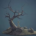 Desolate Hill Scene With Dead Tree Stone Cross And Stone Monuments