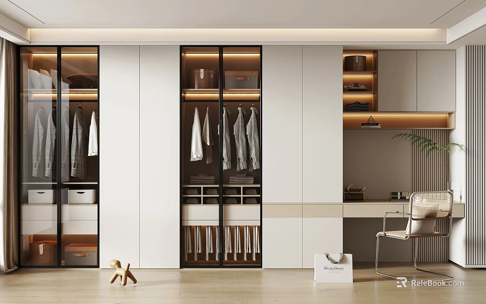 Modern Wardrobe With Glass Doors Hanging Space And Adjacent Desk Area 3d model 