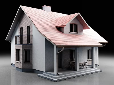 Detached House With Red Roof White Walls Balcony Porch And Tables Chairs 3d model