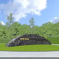 Massive Stone Monument Featuring Golden Letters and Green Trees on Lush Lawn Under Cloudy Sky