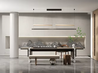 New Chinese Tea Table and Chair Home Tea Table and Chair Combination Chandelier Plant 3d model