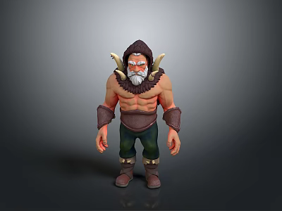 Muscular Horned Bearded 3D Character Model With Arm Guards Green Pants And Brown Boots 3d model