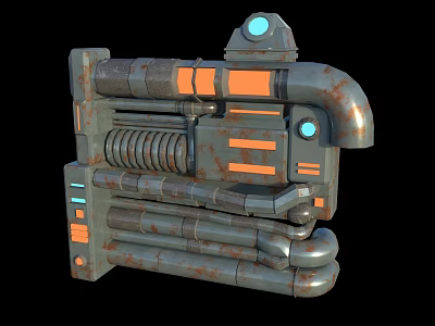 Rusty Metal Mechanical Structure With Pipes Orange Blue Panels And Circular Lights 3d model