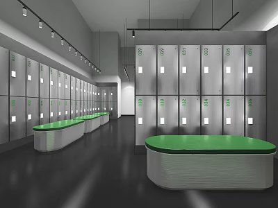 Modern Indoor Locker Room Featuring Green Countertops And Neatly Arranged Gray Metal Lockers 3d model