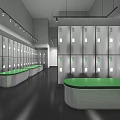 Modern Indoor Locker Room Featuring Green Countertops And Neatly Arranged Gray Metal Lockers