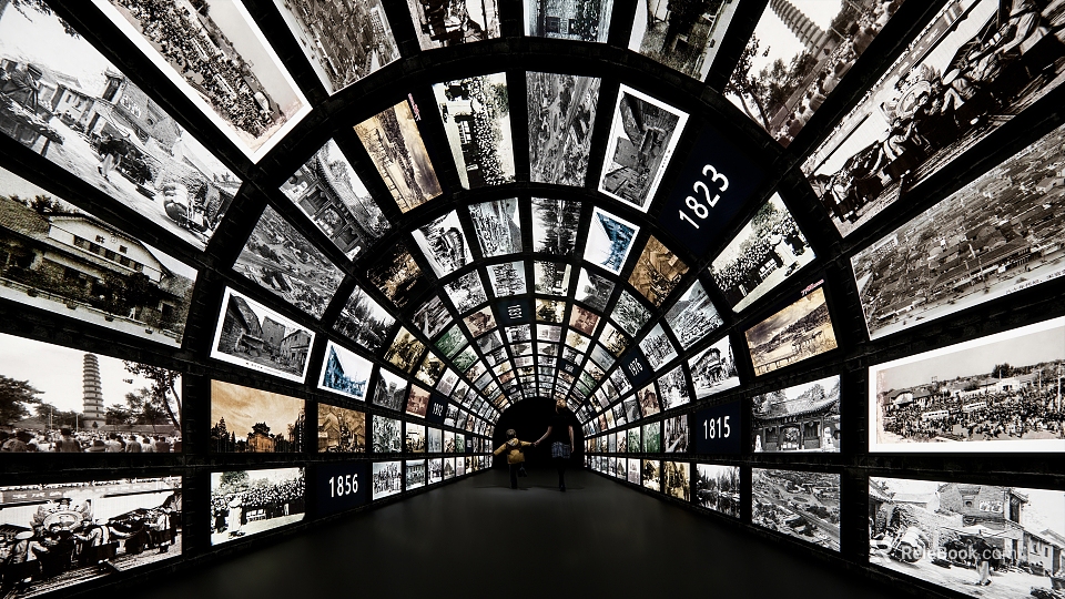 Cultural Center Interior Arched Tunnel Showcasing Vintage Photos and Historical Years 3d model 