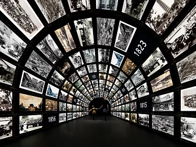 Cultural Center Interior Arched Tunnel Showcasing Vintage Photos and Historical Years 3d model