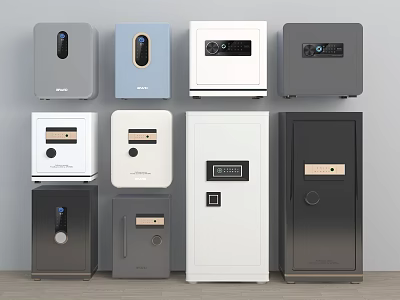 Various Modern Safes With Digital Locks In Different Colors And Sizes 3d model