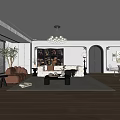 Modern Living Dining Room Interior With Beige Sofa Black Screen White Chandelier And Wooden Flooring