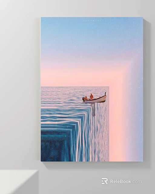 Abstract Painting of Serene Ocean with Small Boat Two People and Pink Blue Gradient Sky 3d model 