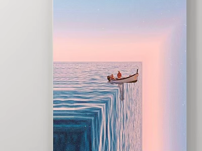 Abstract Painting of Serene Ocean with Small Boat Two People and Pink Blue Gradient Sky 3d model