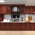 Dark Brown Wooden Kitchen Cabinets With Wine Rack And Countertop Drawers 3d model