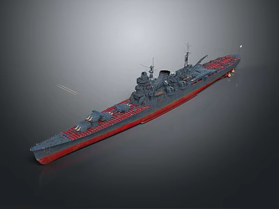 Detailed Warship Model With Gray Hull Red Bottom And Military Turrets 3d model