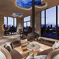 Unique Restaurant Interior With Blue Cloud Ceiling Textured Walls Fireplace Piano Sofa And Staircase