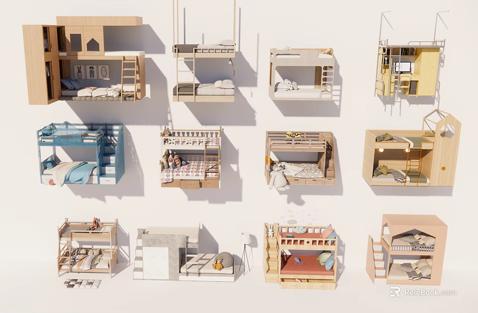 Stylish Bunk Beds Interior Design With Various Modern Styles And Functional Features 3d model