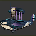 Cartoon Passenger Plane with Purple and Blue Biplane Wings and Decorative Propeller Design