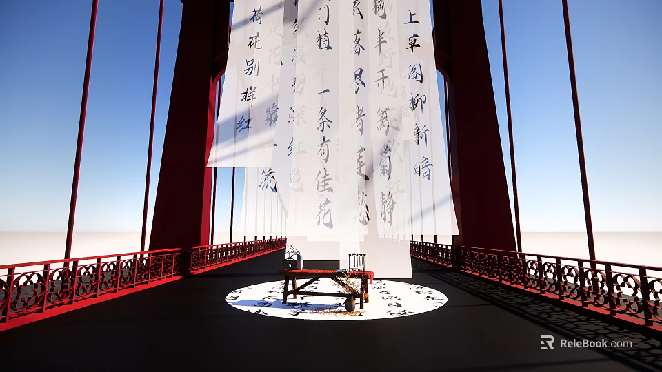 Scenic Photo Spot With Red Bridge White Calligraphy Banners And Table Chairs Under Blue Sky 3d model 