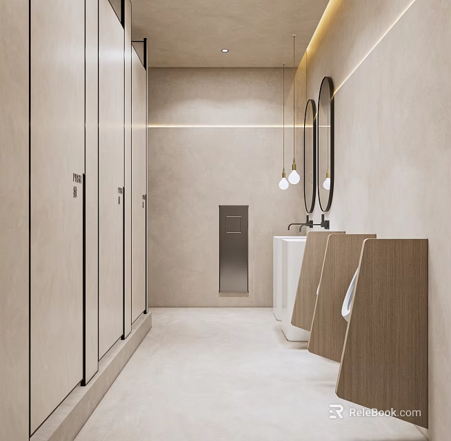 Modern Minimalist Public Toilet Interior Design With Stalls Washbasins Mirrors And Wooden Elements 3d model 