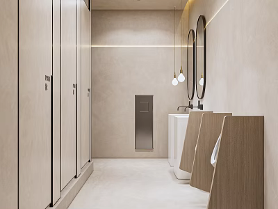 Modern Minimalist Public Toilet Interior Design With Stalls Washbasins Mirrors And Wooden Elements 3d model