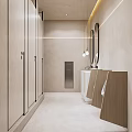 Modern Minimalist Public Toilet Interior Design With Stalls Washbasins Mirrors And Wooden Elements