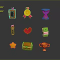 Colorful Decorative Ornament Set Featuring Various Shapes Such as Trophy Treasure Chest Heart and Star