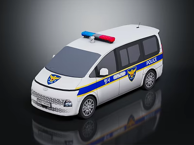 White Police Van With Blue Red Emergency Lights Stripes And Police Logo 3d model