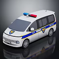 White Police Van With Blue Red Emergency Lights Stripes And Police Logo
