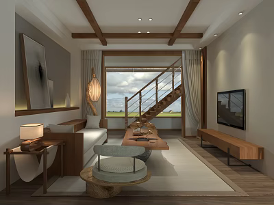 Modern Living Room Interior With Sofa Coffee Table TV Staircase And Window View 3d model