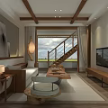 Modern Living Room Interior With Sofa Coffee Table TV Staircase And Window View