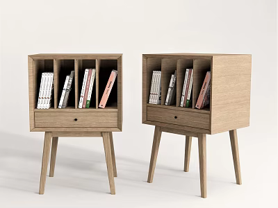 Minimalist Wooden Bedside Tables With Drawer And Open Compartments For Books 3d model
