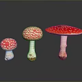 Three Red Mushrooms With White Spots In Different Sizes On Dark Surface 3d model