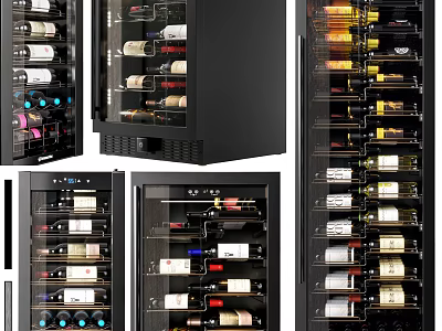 Various Wine Cooler Designs With Glass Doors And Black Wine Storage Racks 3d model