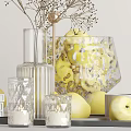 Elegant Decorative Ornaments Set With Yellow Pears Vase Tray Coffee Cup Brass Candle Holders Books
